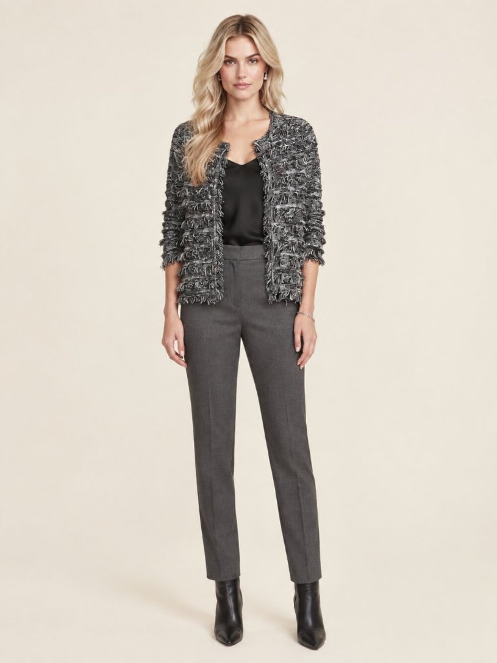 T TAHARI Marled Knit Fringed Cropped Open Cardigan Black White Small #A4740